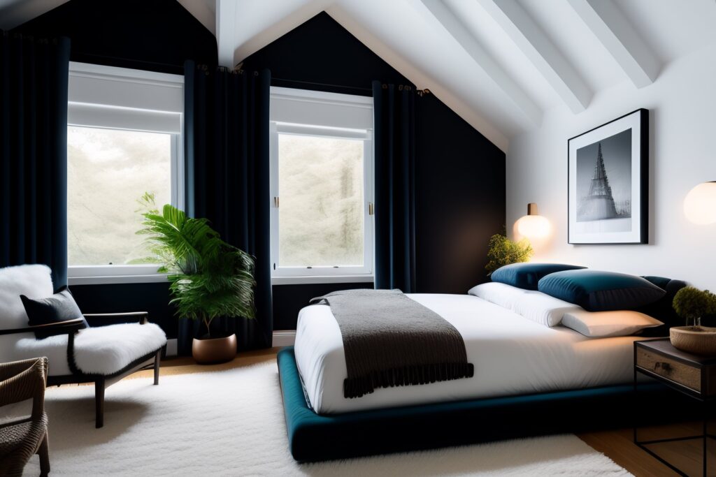 sypialnia na niskim poddaszu ze skosami