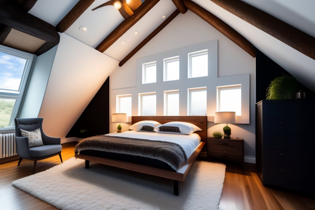 sypialnia na niskim poddaszu ze skosami