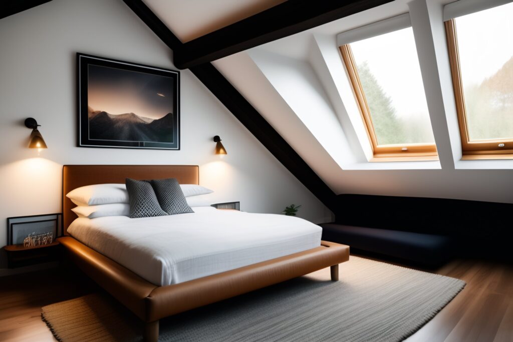 sypialnia na niskim poddaszu ze skosami