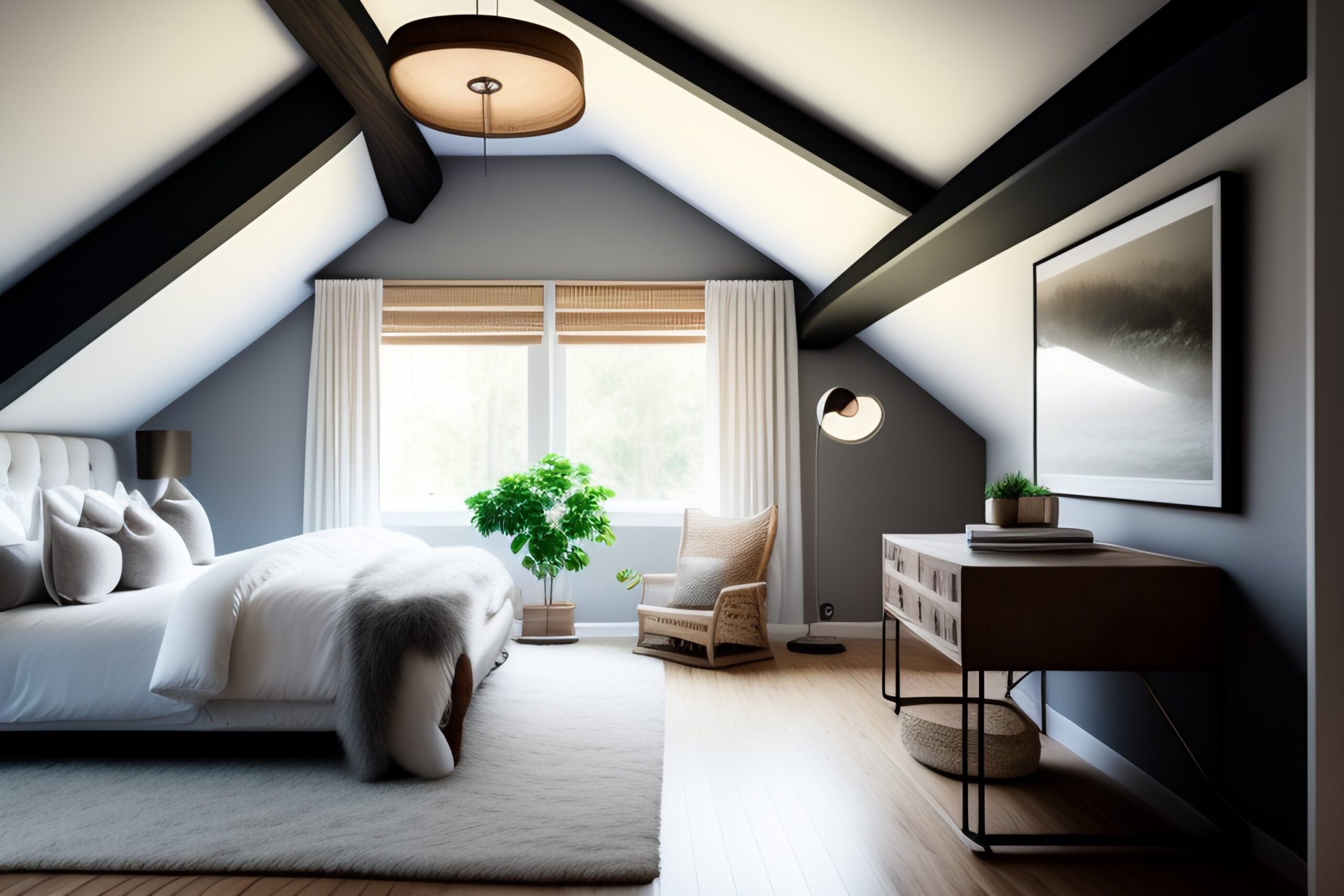 sypialnia na niskim poddaszu ze skosami
