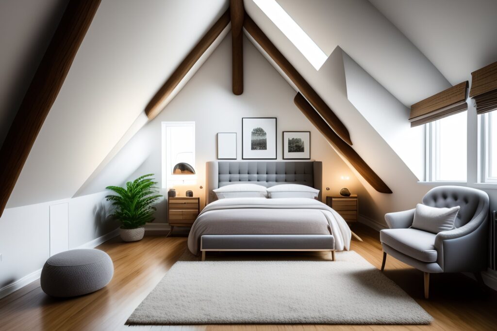 sypialnia na niskim poddaszu ze skosami