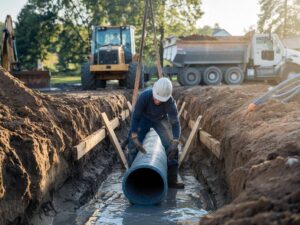 Pracownik instalujący rurę kanalizacyjną w ziemi